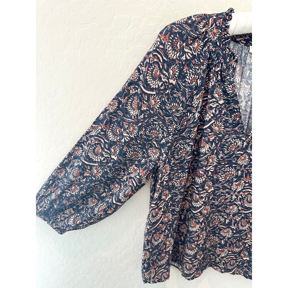 Faherty Portia Blouse Medium Blue Floral Ruffle Split Neck Balloon Sleeve Boho - Picture 4 of 7